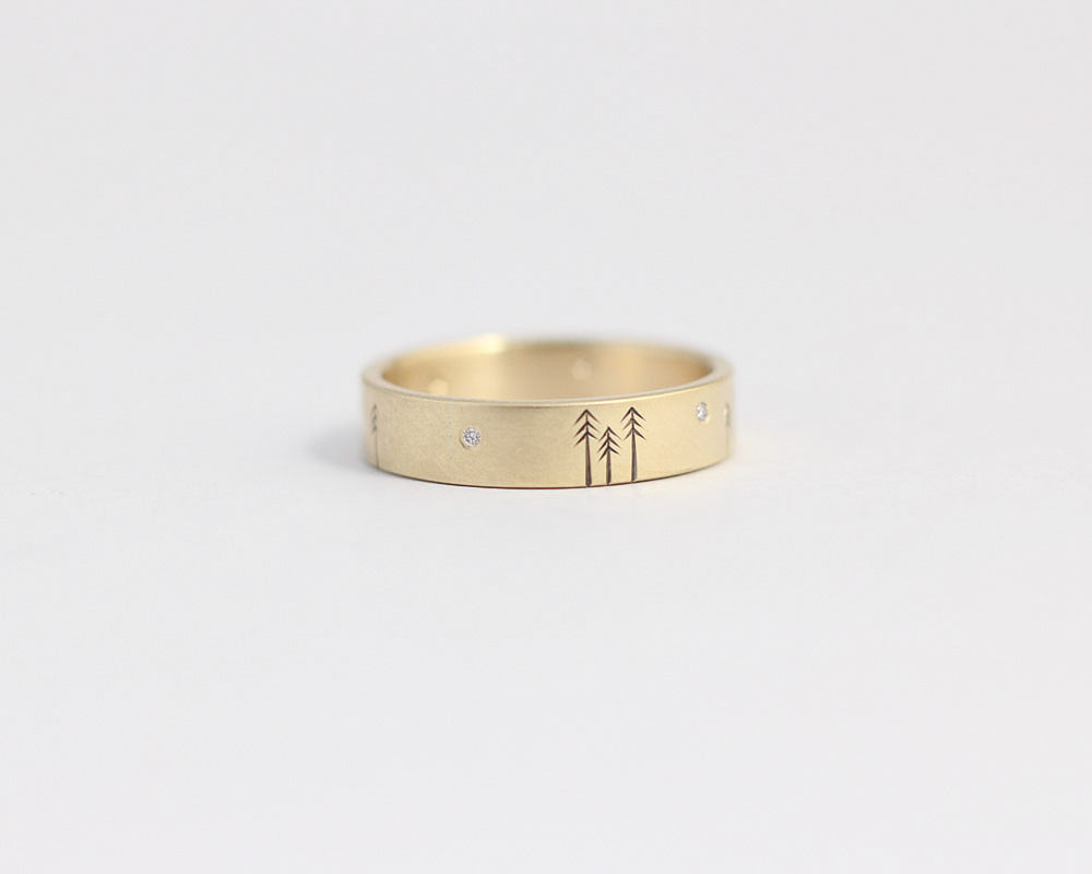 Pine Forest Ring with Diamond Stars in Yellow Gold - Medium, [product_type} - Ash Hilton Jewellery